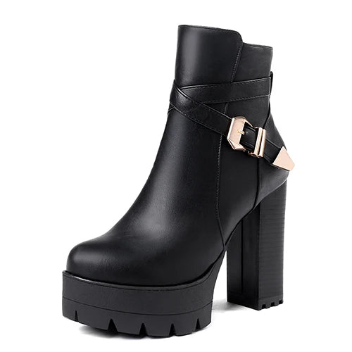 Gdgydh Sping Autumn Platform Ankle Boots Woman Black Leather Shoes Female High Heels Boots Ladies Shoes For Party Big Size 43