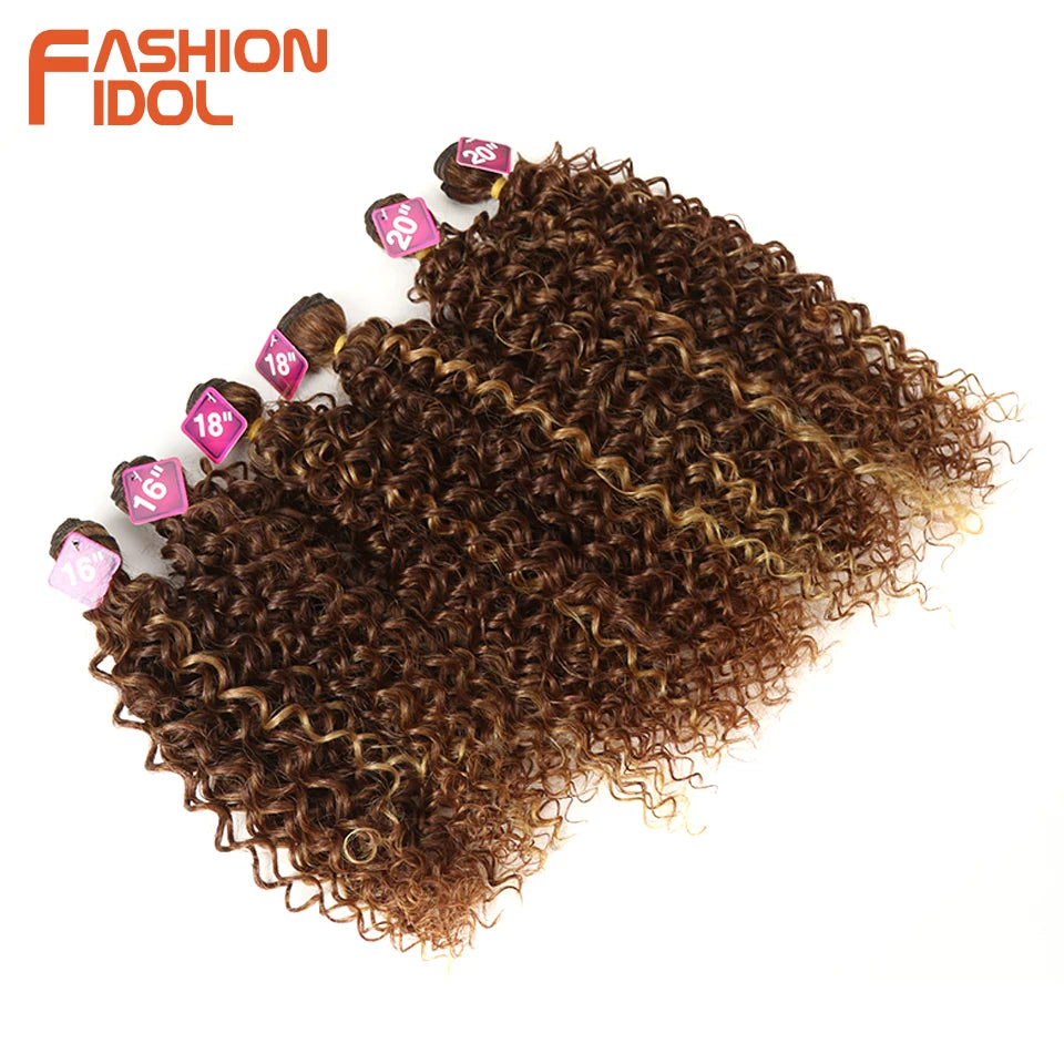 FASHION IDOL Afro Kinky Curly Hair Extensions 16-20 inch Synthetic Hair Bundles Lace With Closure Weave Ombre Blonde Fake Hair