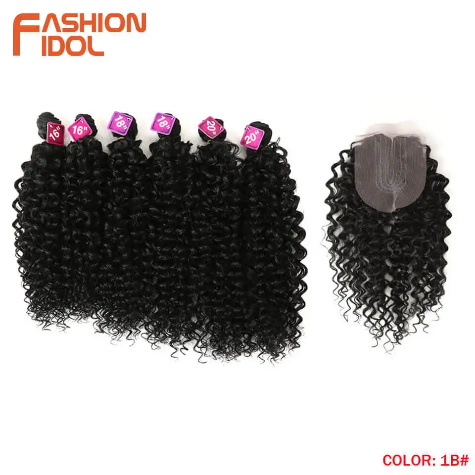 FASHION IDOL Afro Kinky Curly Hair Extensions 16-20 inch Synthetic Hair Bundles Lace With Closure Weave Ombre Blonde Fake Hair