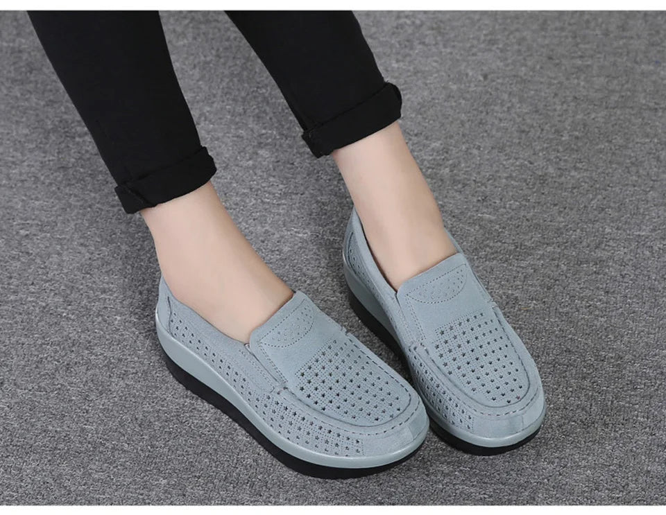 Women's Spring Autumn Genuine Leather Loafers - Fall Slip-On Round Toe Navy Platform Casual Flat Shoes
