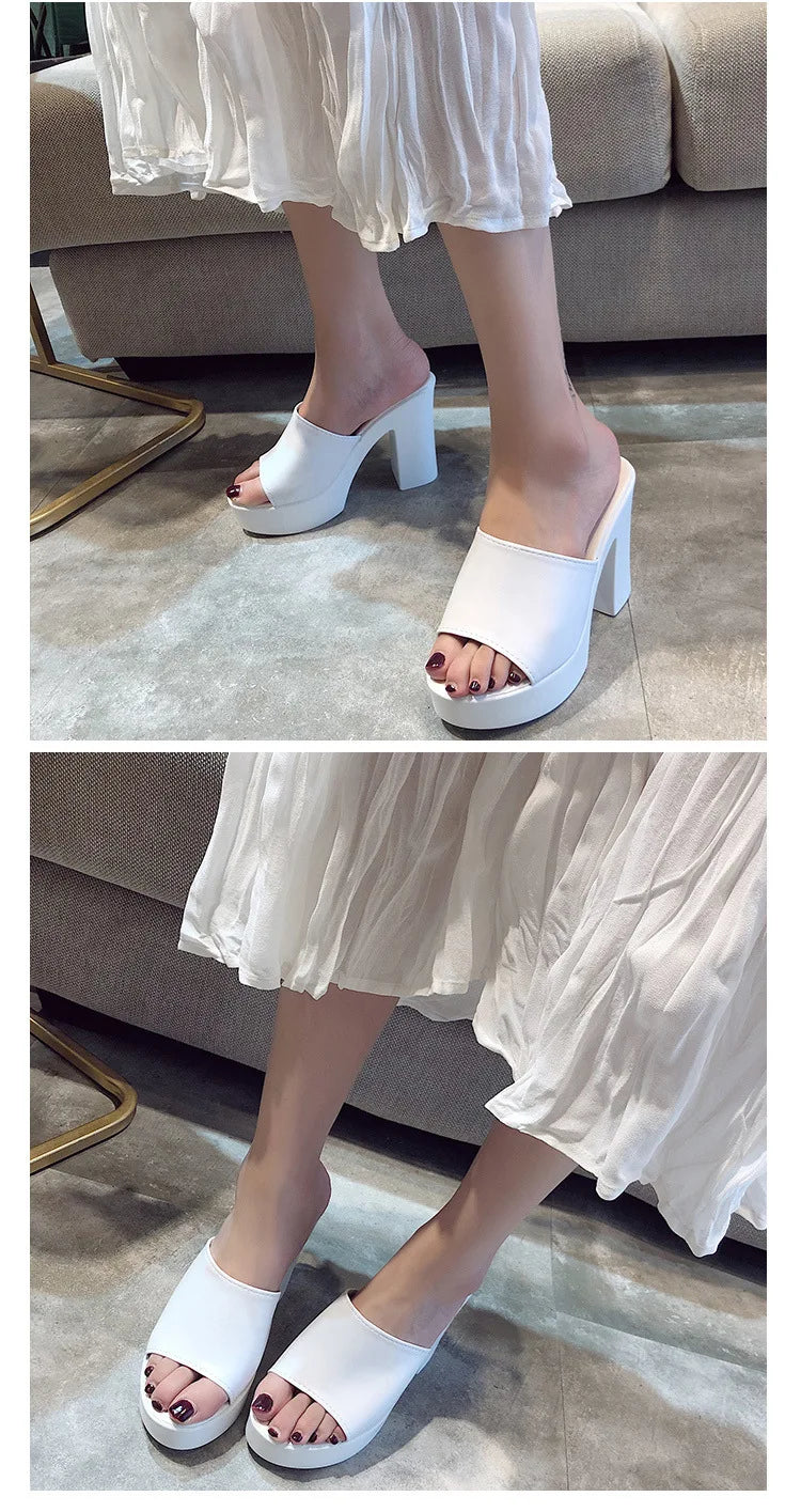 Outdoor White/black square high heels slides mules lady platform peep toe slippers thick bottom shoes brief women summer sandals