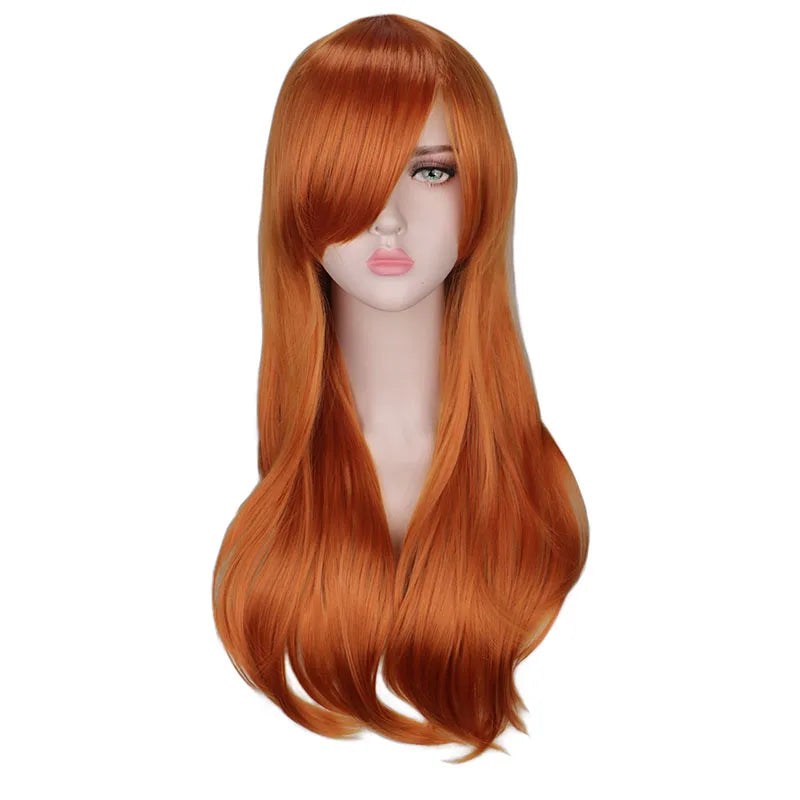 QQXCAIW Long Wavy Cosplay Wig Red Green Purple Pink Black Blue Sliver Gray Blonde Brown 70 Cm Synthetic Hair Wigs
