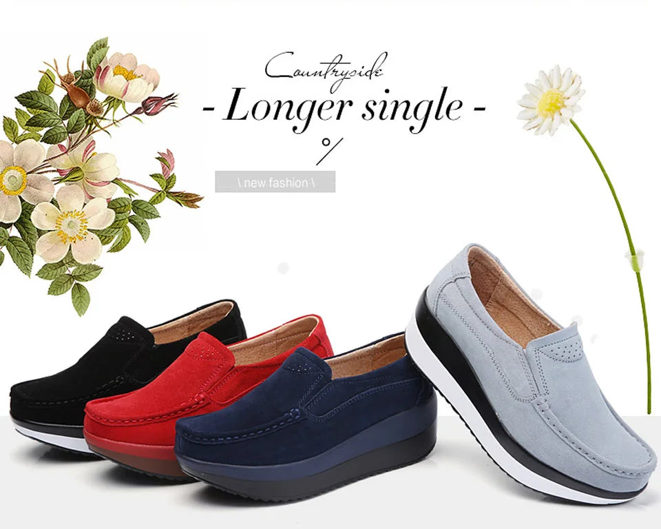 Women's Spring Autumn Genuine Leather Loafers - Fall Slip-On Round Toe Navy Platform Casual Flat Shoes