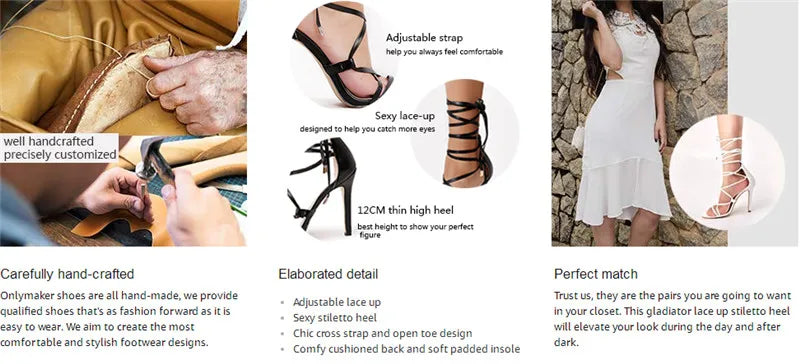 onlymaker Women Peep Toe Gladiator Ankle Strap Lace up 12CM High Heels Black Open Toe Stiletto Heeled Strappy Sandals