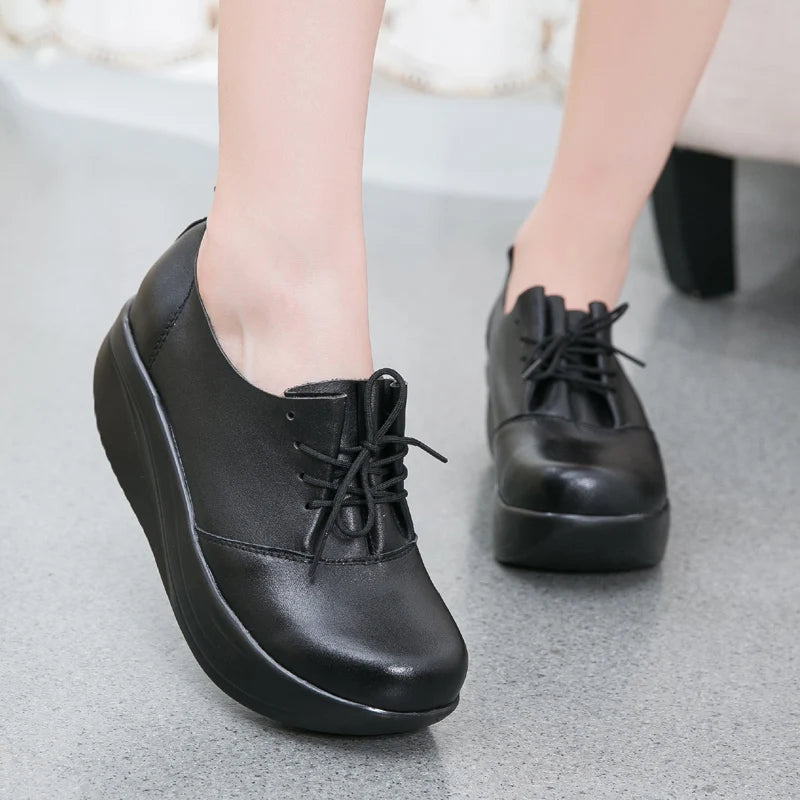 GKTINOO New Women's Genuine Leather Platform Shoes Wedges Black Lady Casual Shoes Swing Lace Up High Heels Shoe Plus Size 34-43