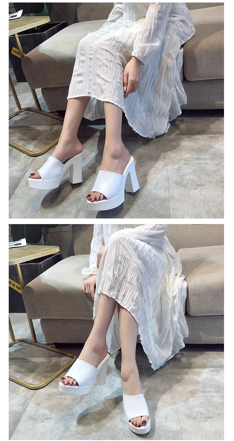 Outdoor White/black square high heels slides mules lady platform peep toe slippers thick bottom shoes brief women summer sandals