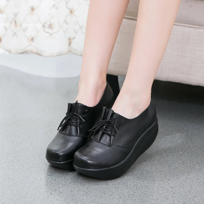 GKTINOO New Women's Genuine Leather Platform Shoes Wedges Black Lady Casual Shoes Swing Lace Up High Heels Shoe Plus Size 34-43