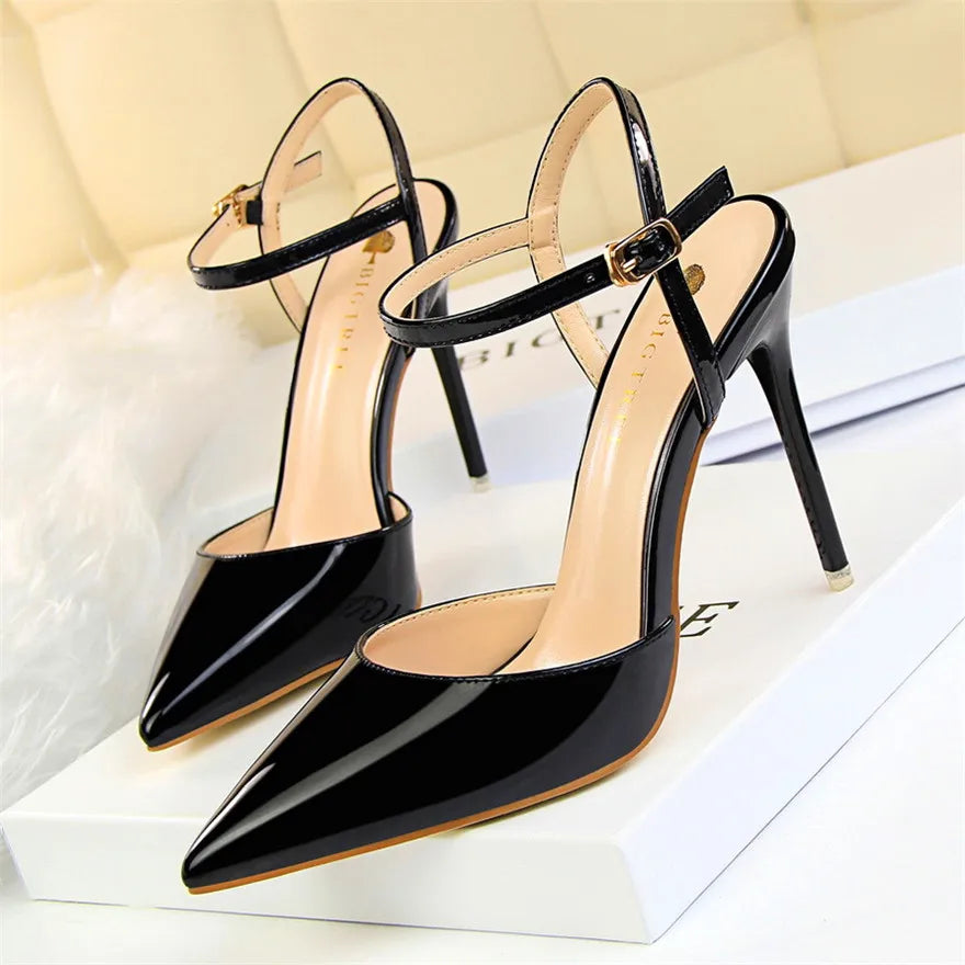 11 Colors Fashion Patent Leather Shallow Women Sandals 2025 Summer Pointy Toe Ankle Buckle High Heels Female Wedding Shoes Party