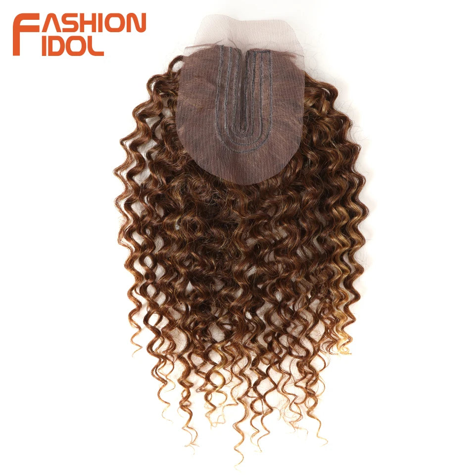 FASHION IDOL Afro Kinky Curly Hair Extensions 16-20 inch Synthetic Hair Bundles Lace With Closure Weave Ombre Blonde Fake Hair