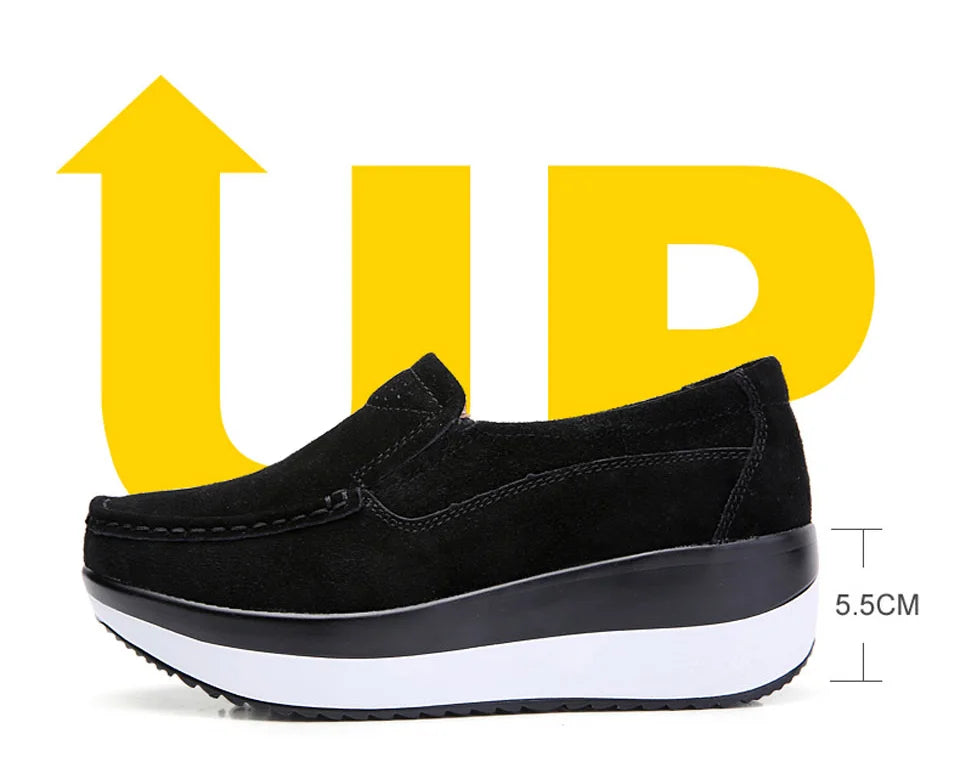 Women's Spring Autumn Genuine Leather Loafers - Fall Slip-On Round Toe Navy Platform Casual Flat Shoes