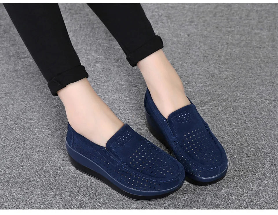 Women's Spring Autumn Genuine Leather Loafers - Fall Slip-On Round Toe Navy Platform Casual Flat Shoes
