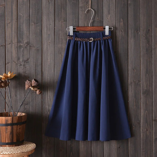 Midi Knee Length Summer Skirt Women With Belt 2019 Fashion Korean Ladies High Waist Pleated A-line School Skirt Female