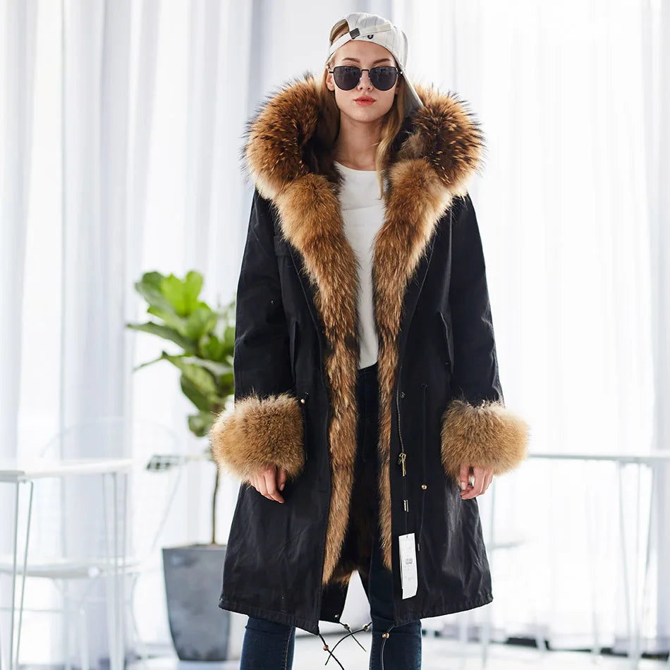 Maomaokong Winter Woman Natural Fur Overcoat Plus Size Black Parkas Raccoon Real Fur Lining Extra Larg Warm Jacket Coats Long