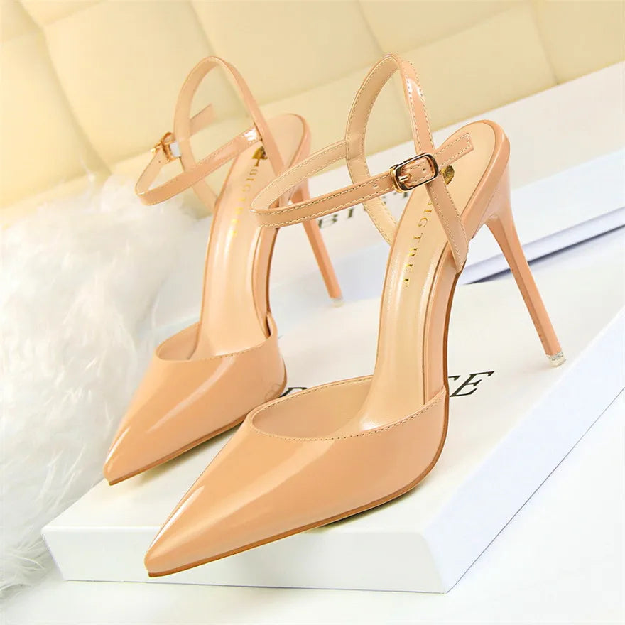 11 Colors Fashion Patent Leather Shallow Women Sandals 2025 Summer Pointy Toe Ankle Buckle High Heels Female Wedding Shoes Party