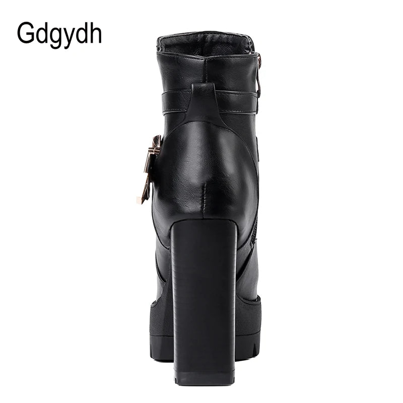 Gdgydh Sping Autumn Platform Ankle Boots Woman Black Leather Shoes Female High Heels Boots Ladies Shoes For Party Big Size 43