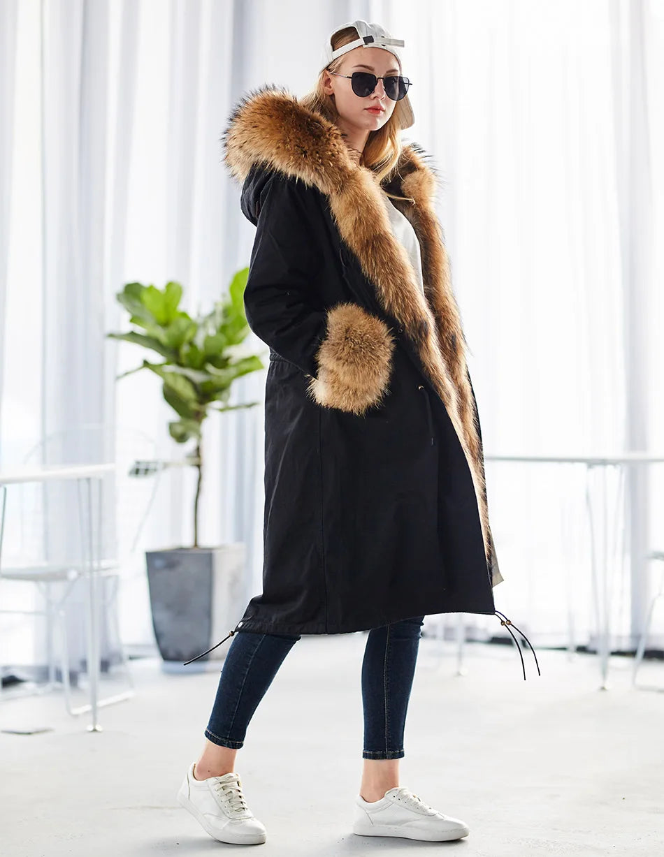Maomaokong Winter Woman Natural Fur Overcoat Plus Size Black Parkas Raccoon Real Fur Lining Extra Larg Warm Jacket Coats Long