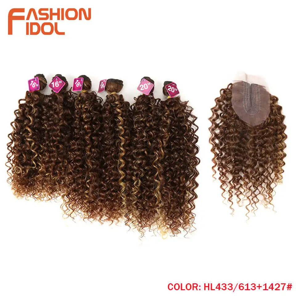 FASHION IDOL Afro Kinky Curly Hair Extensions 16-20 inch Synthetic Hair Bundles Lace With Closure Weave Ombre Blonde Fake Hair