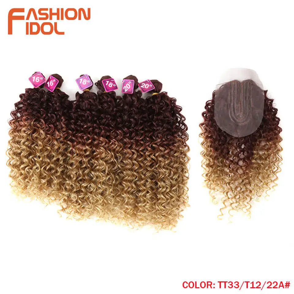 FASHION IDOL Afro Kinky Curly Hair Extensions 16-20 inch Synthetic Hair Bundles Lace With Closure Weave Ombre Blonde Fake Hair