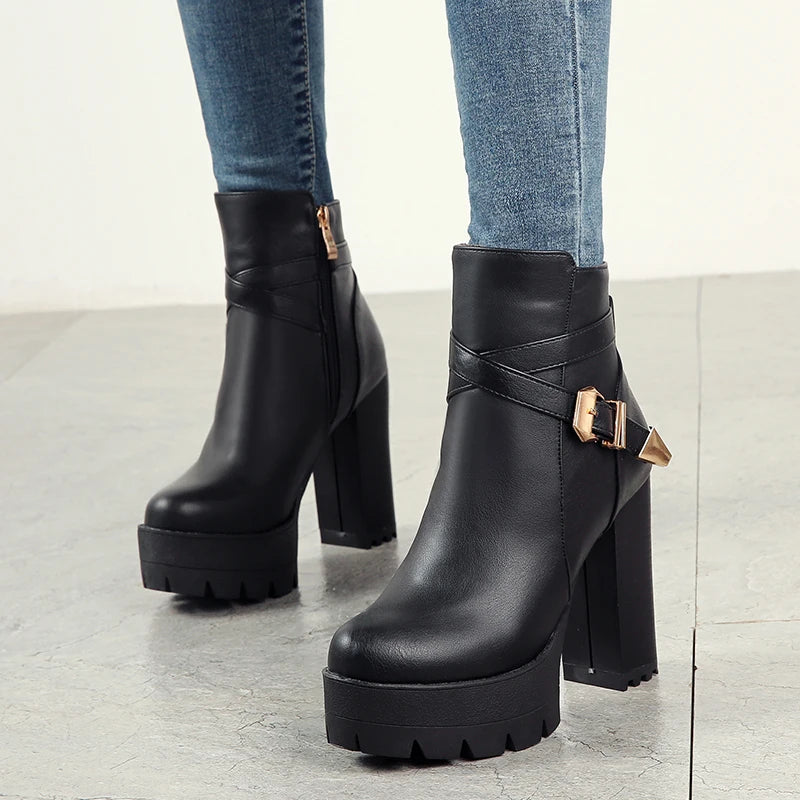 Gdgydh Sping Autumn Platform Ankle Boots Woman Black Leather Shoes Female High Heels Boots Ladies Shoes For Party Big Size 43