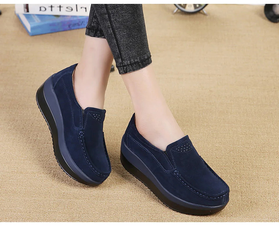 Women's Spring Autumn Genuine Leather Loafers - Fall Slip-On Round Toe Navy Platform Casual Flat Shoes