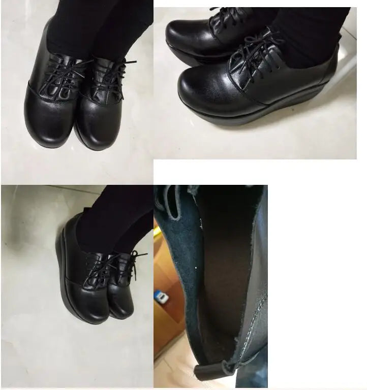 GKTINOO New Women's Genuine Leather Platform Shoes Wedges Black Lady Casual Shoes Swing Lace Up High Heels Shoe Plus Size 34-43