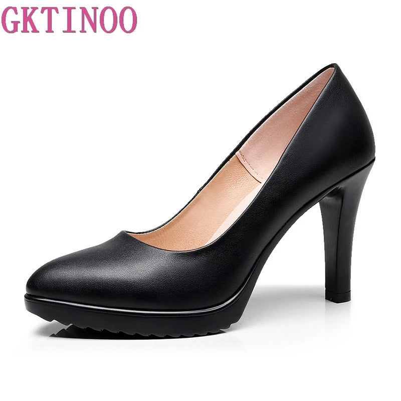 GKTINOO Leather Shoes Women Pointed Toe Pumps Sapato feminino High Heels Shallow Fashion Black Work Shoe Plus Size 33-43
