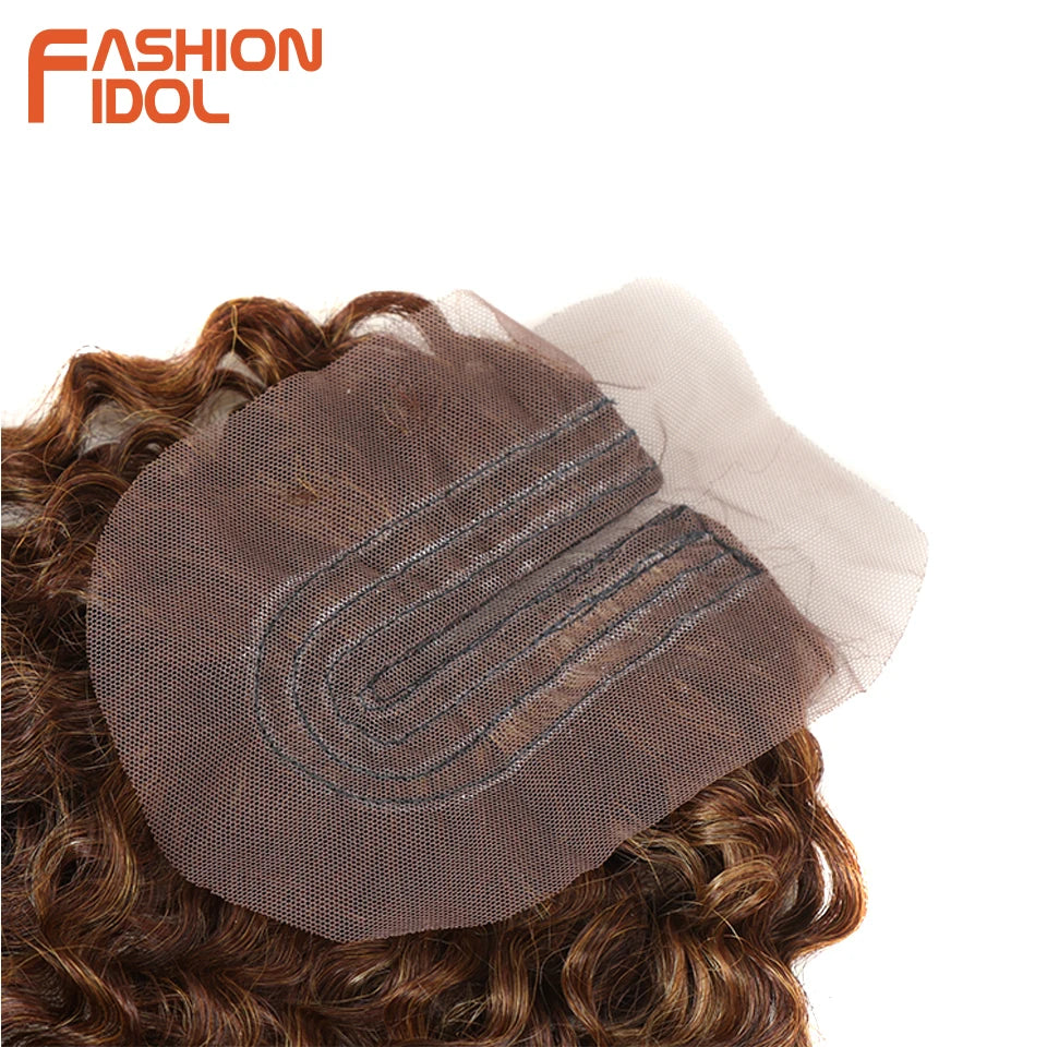 FASHION IDOL Afro Kinky Curly Hair Extensions 16-20 inch Synthetic Hair Bundles Lace With Closure Weave Ombre Blonde Fake Hair