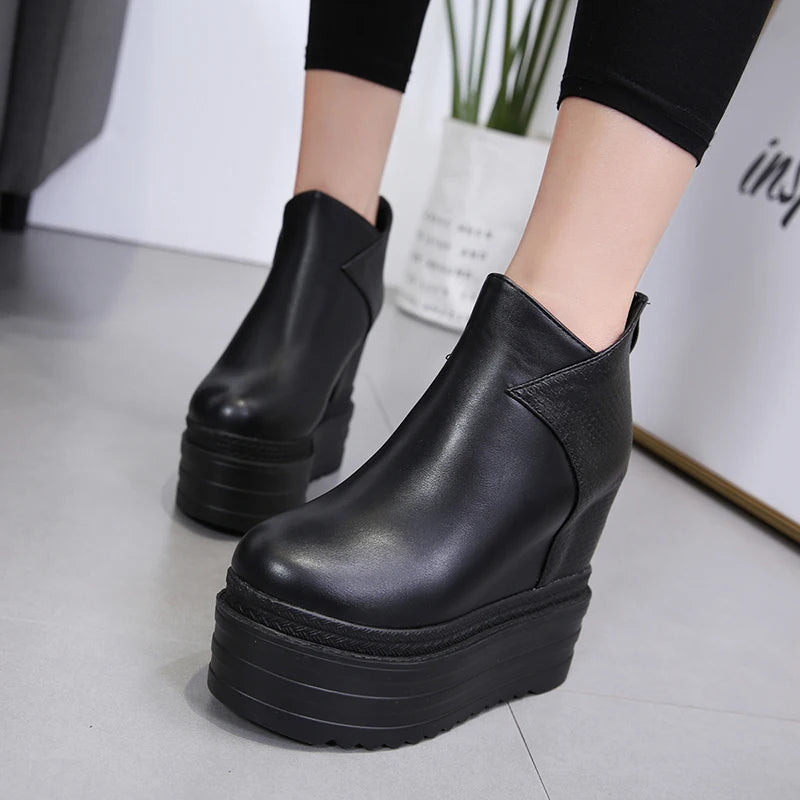 Gdgydh Female Platform Wedges Boots Black Autumn Ankle Boots For Women High Heels Ladies Cosplay Shoes Back Zipper