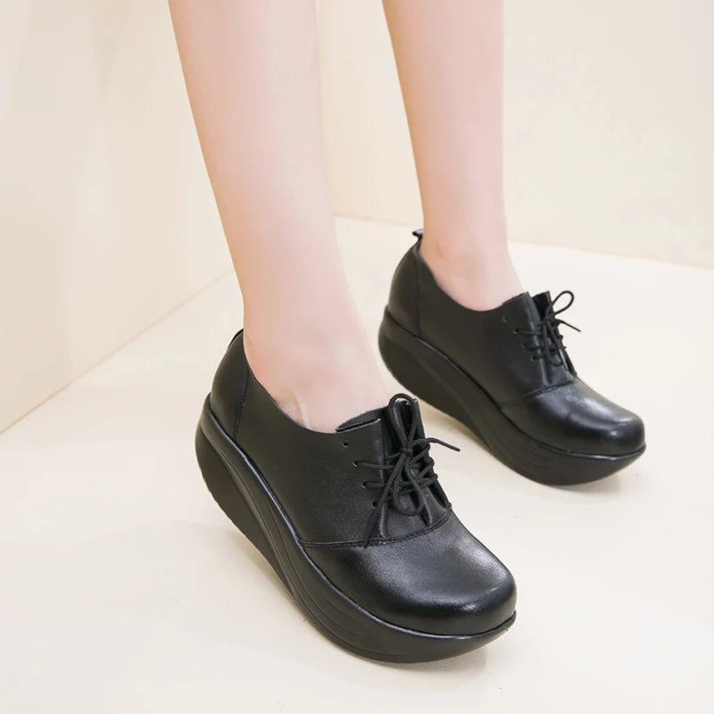 GKTINOO New Women's Genuine Leather Platform Shoes Wedges Black Lady Casual Shoes Swing Lace Up High Heels Shoe Plus Size 34-43