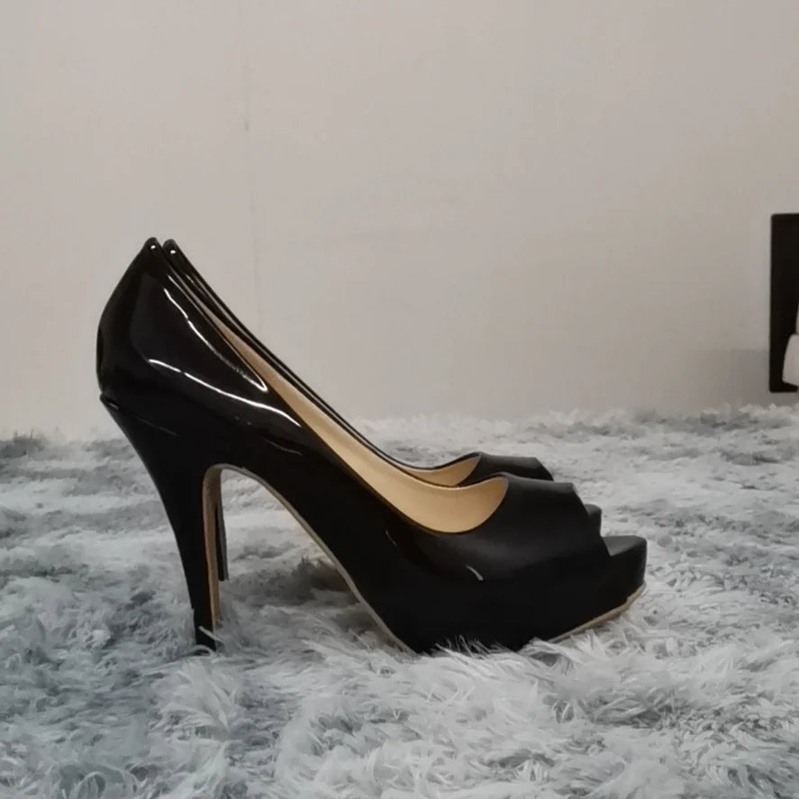 Women Pumps Fashion Sexy Open Toe 12cm Thin Heels Platform Super Patent Leather High Heels  Gladiator Party Dress Wedding Shoes
