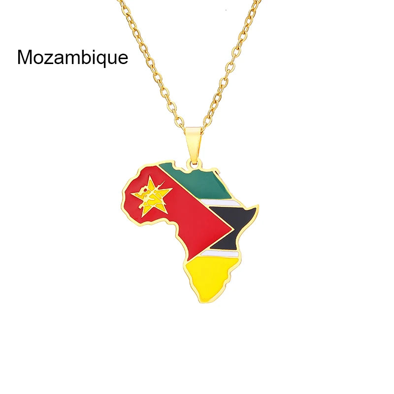 African Map Flag Pendant Necklace Stainless Steel Men Women Rwanda Sudan Uganda Zimbabwe Zambia Ethnic Maps Jewelry Gift