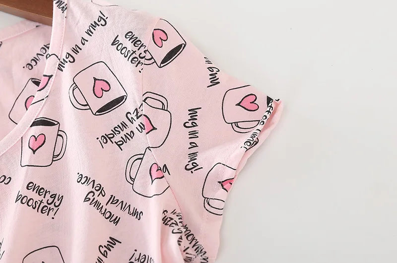 Summer Women Casual Cartoon Sleep Dress 100% Cotton Nightgown Plus Size Dresses Women Chemise de nuit Short Sleeve Home Dress
