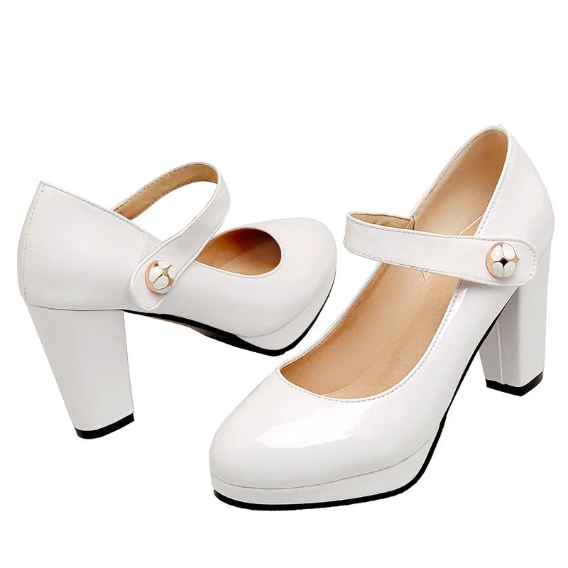 Elegant Women's High Heels Mary Janes Shoes Patent Red Pink White Heeled Party Wedding Shoes Female Dress Pumps Large Size 45