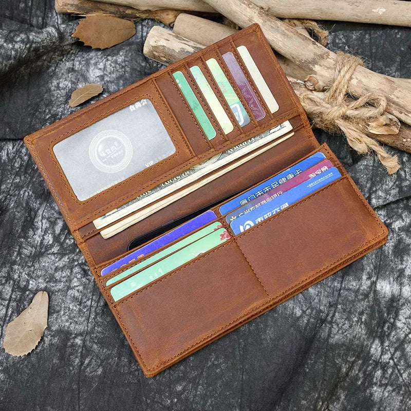 Men's Crazy Horse Leather Long Wallet Brown Real leather Trifold clutch snap purse Hasp purse with Phone pocket and coin pocket