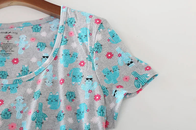 Summer Women Casual Cartoon Sleep Dress 100% Cotton Nightgown Plus Size Dresses Women Chemise de nuit Short Sleeve Home Dress