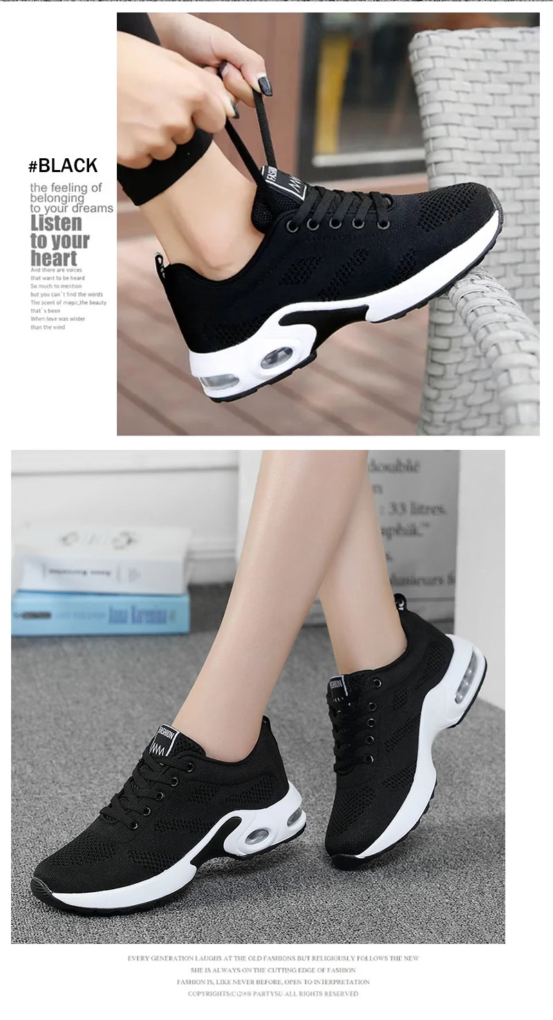 Women's Fashion Air Cushion Sports Running Flat Soft Bottom Sneaker Mesh Breathable Casual Shoes