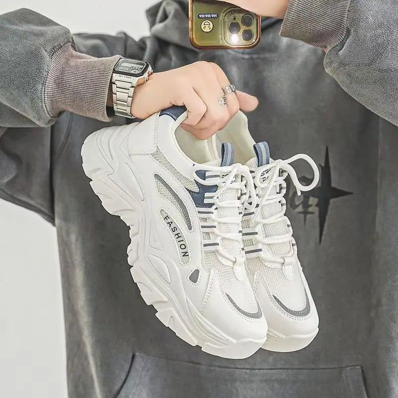 Sporty Breathable Elevated High-end Comfortable Anti-slip Anti-odor Light Weight Mesh Genuine Leather Lace-up Running Shoes