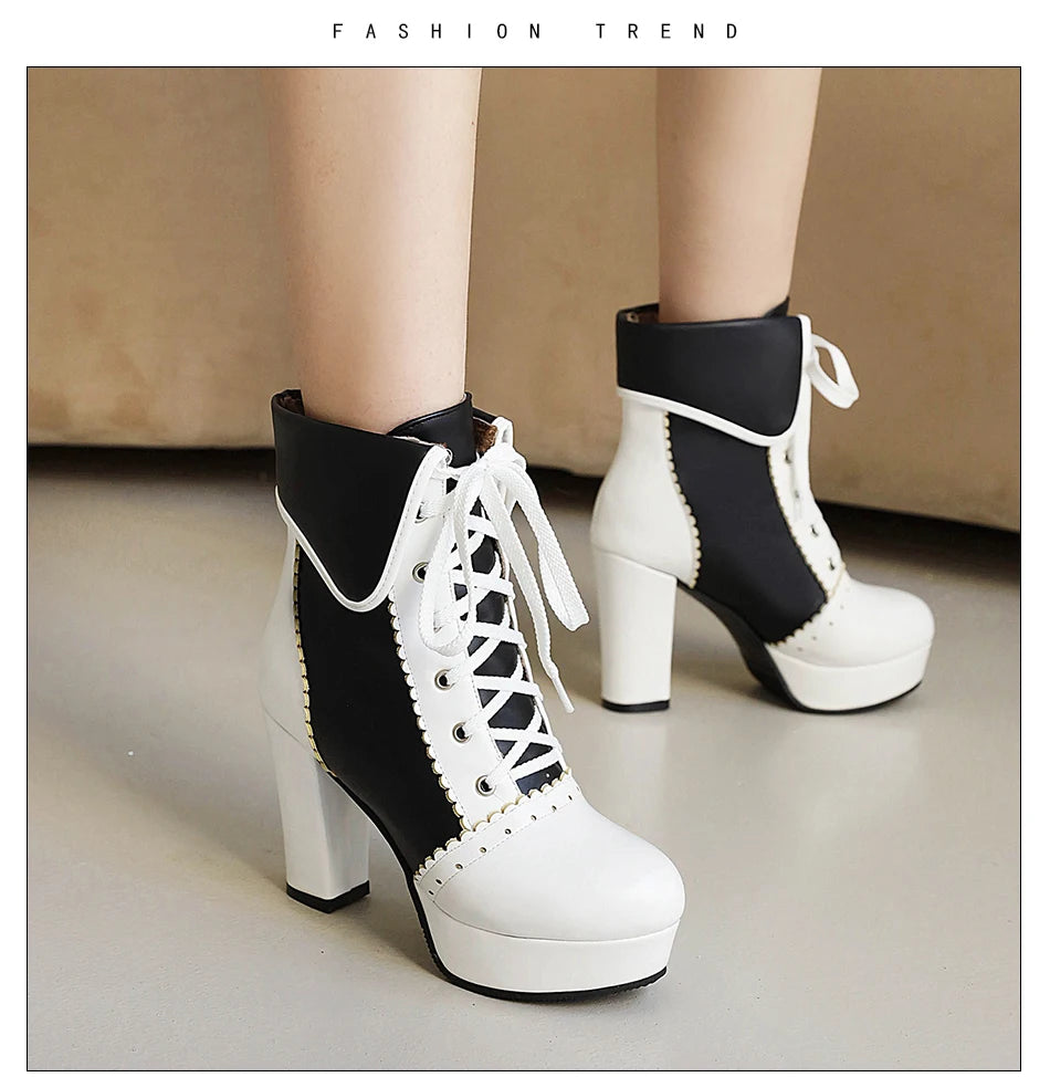 Gdgydh Korean Sweet Cosplay Lolita Shoes Women Ankle Boots High Heels Ruffles Dress Wedding Shoes Bride Mixed Colors Lace Up