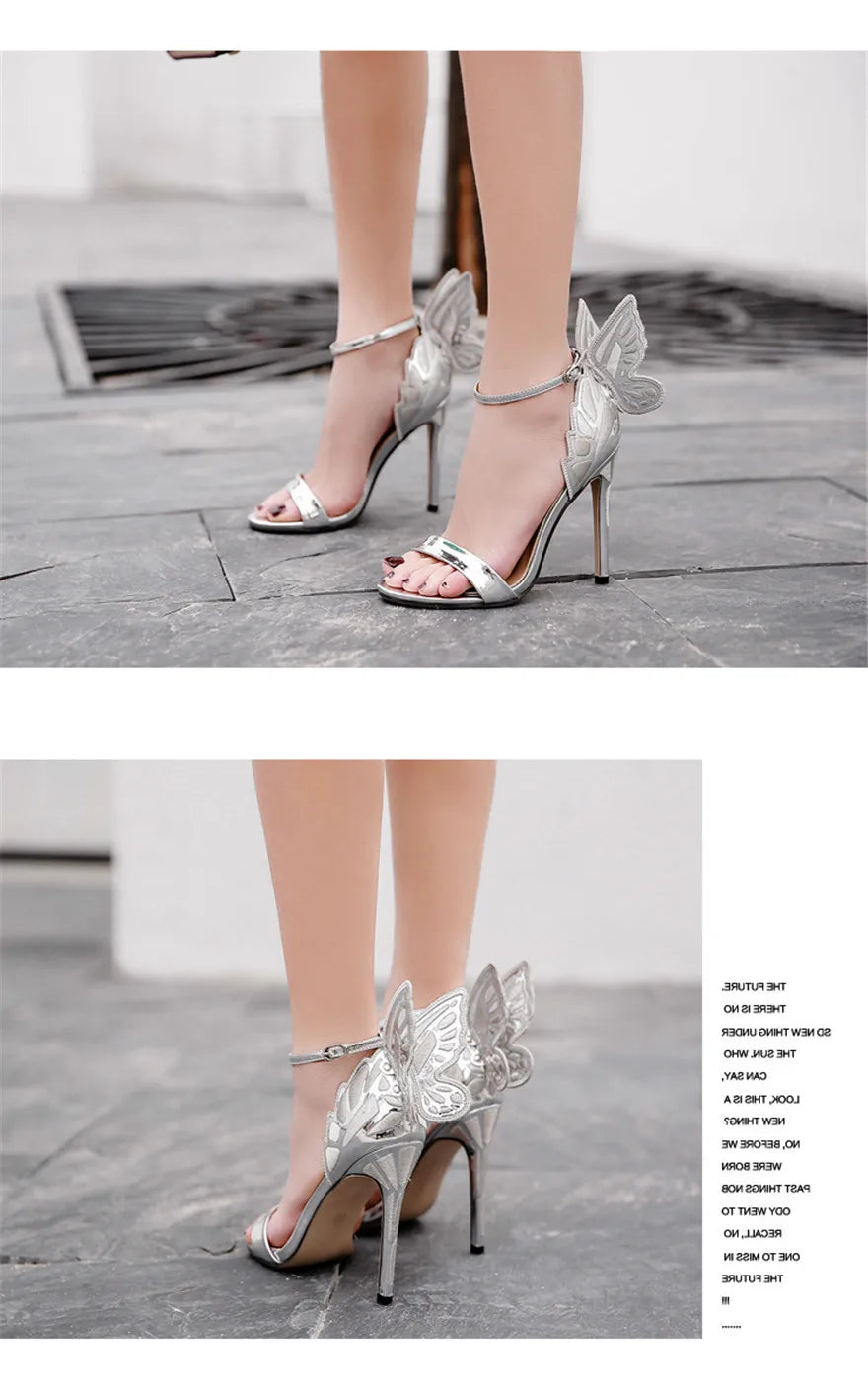 New Design Butterfly Wings Sandals Women Sexy Stiletto Patent Leather Party Dress Open Toe Buckle High Heels Platform Shoes Lady