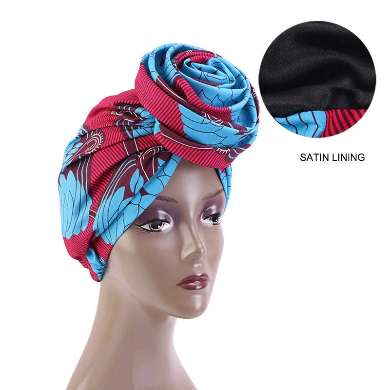 African Print Stretch Bandana Head Wrap Long Scarf Satin Floral Ankara Dashiki Women Party Turban Headwear Cap Hair Accessories