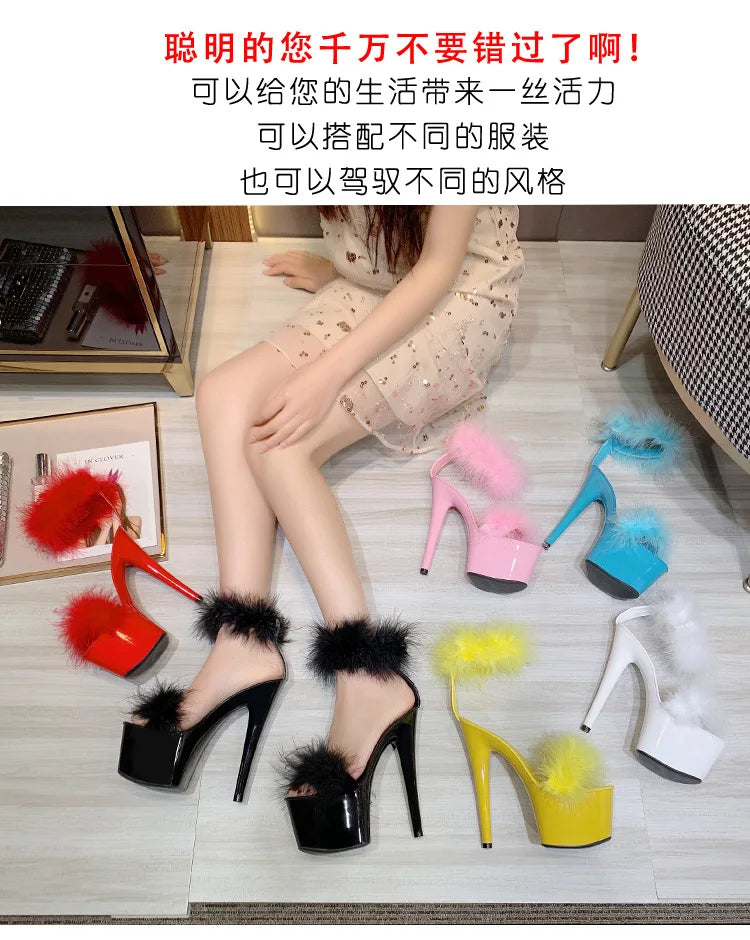17CM Fur Womens Party Shoes Fashion 2023 Summer Sexy Exquisite Open Toe Ladies Shoes Female Stiletto Super High Heel Sandals