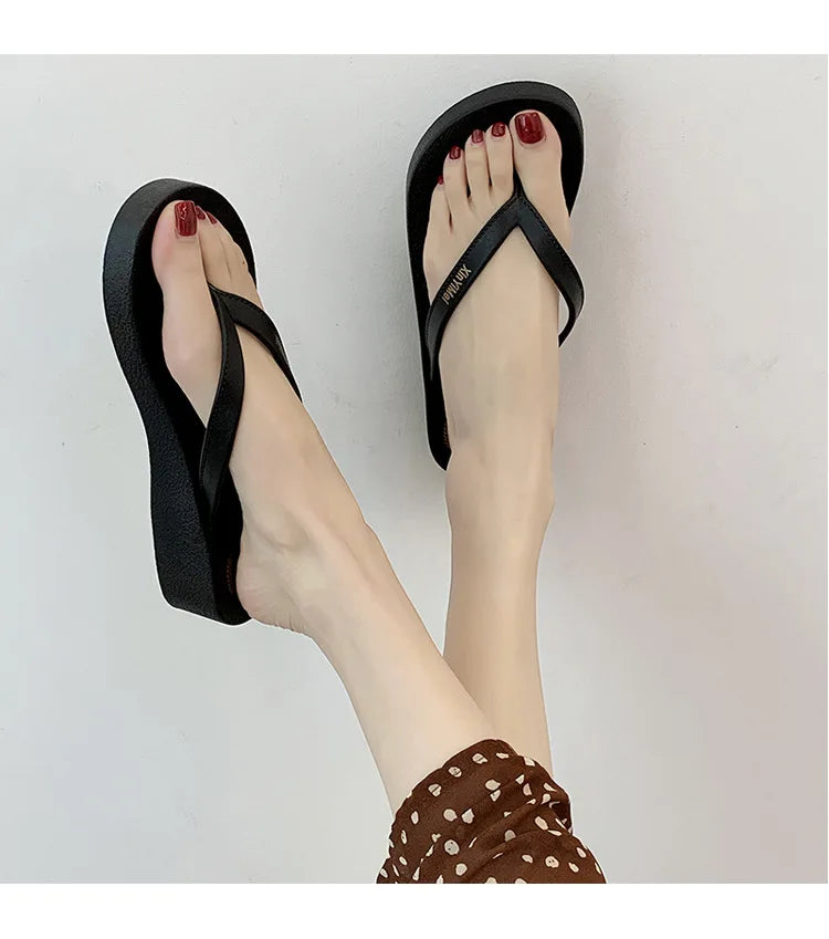 EOFK Women Flip Flops Wedges Casual Shinny Beach 3.5 Cm Height PVC Solid Summer Outside Slippers Soft Shoes