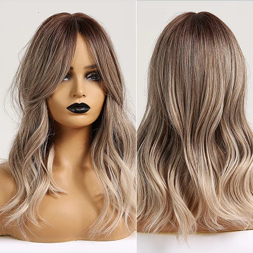 ELEMENT Synthetic Wig Medium Wavy Hair Ombre Brown Blonde Wigs for Women Daily Party Cool Heat Resistant Breathable Headband