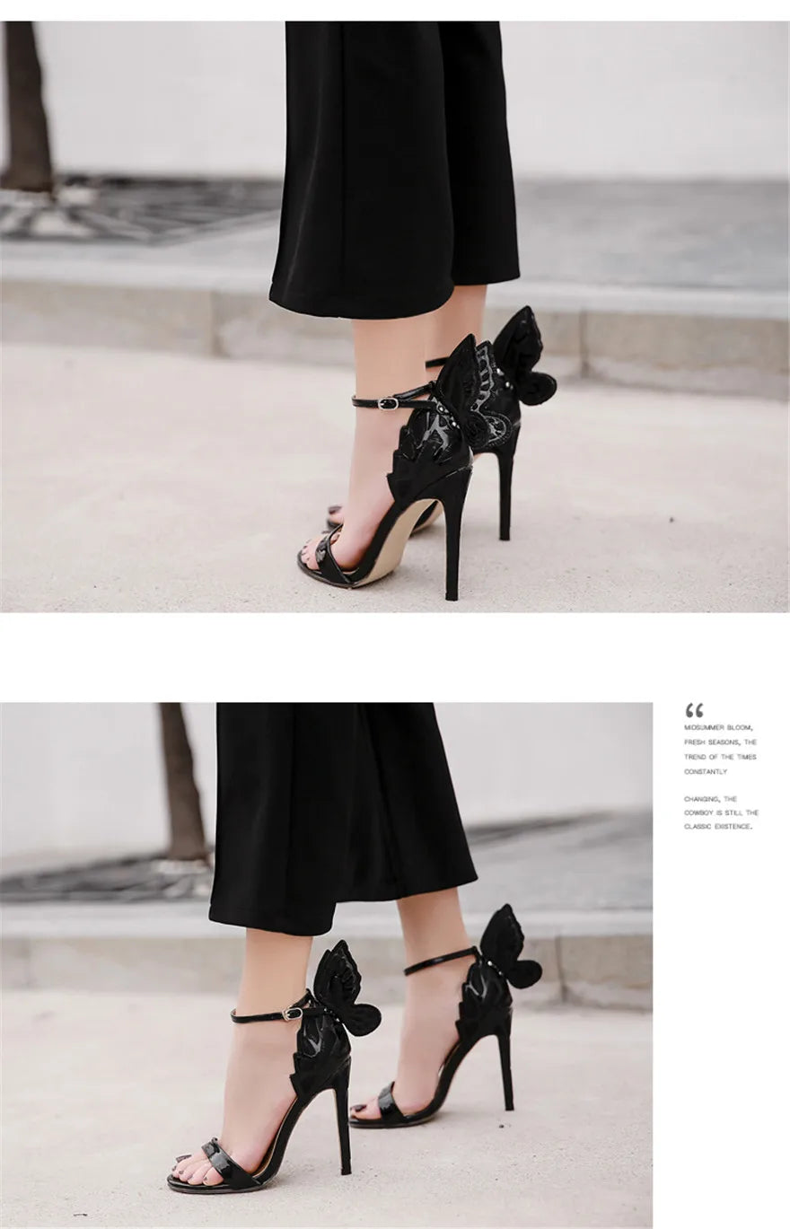 New Design Butterfly Wings Sandals Women Sexy Stiletto Patent Leather Party Dress Open Toe Buckle High Heels Platform Shoes Lady