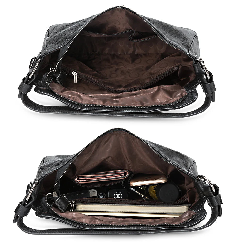 Zency 100% Genuine Leather Elegant Women Shoulder Bag Classic Black Hobos Roomy Casual Tote Handbag Crossbody Messenger Grey