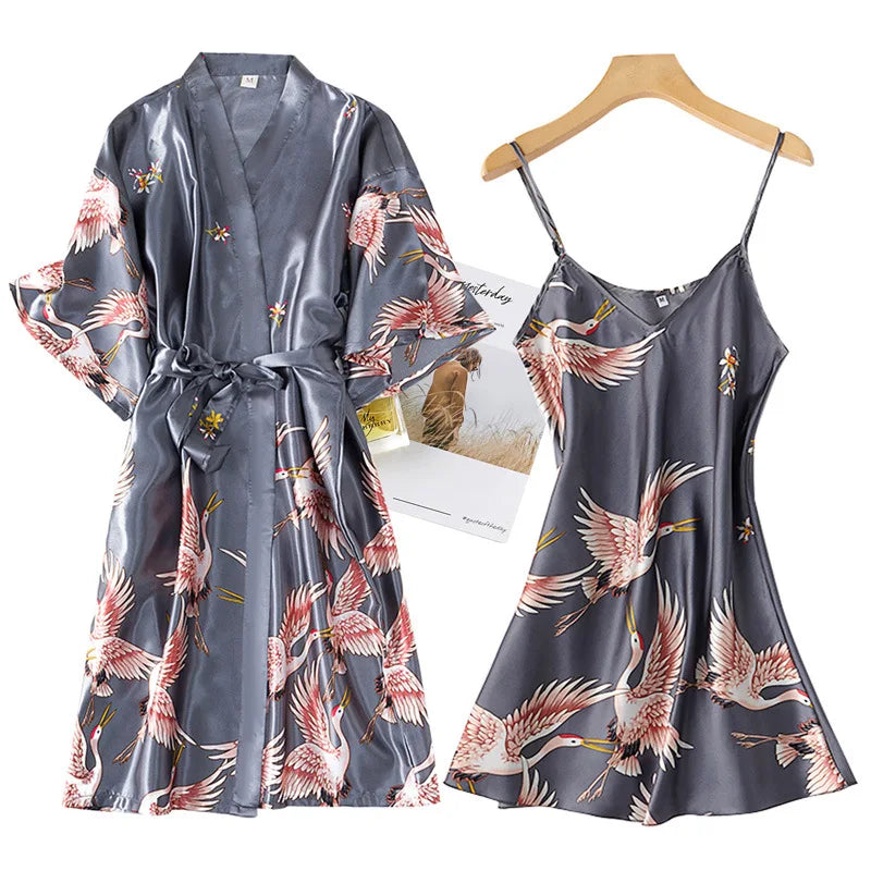 Burgundy Women 2PCS Faux Silk Kimono Robe Gown Sets Sexy Print Crane Nightdress &Bathrobe Lingerie Nightgown Summer Sleepwear