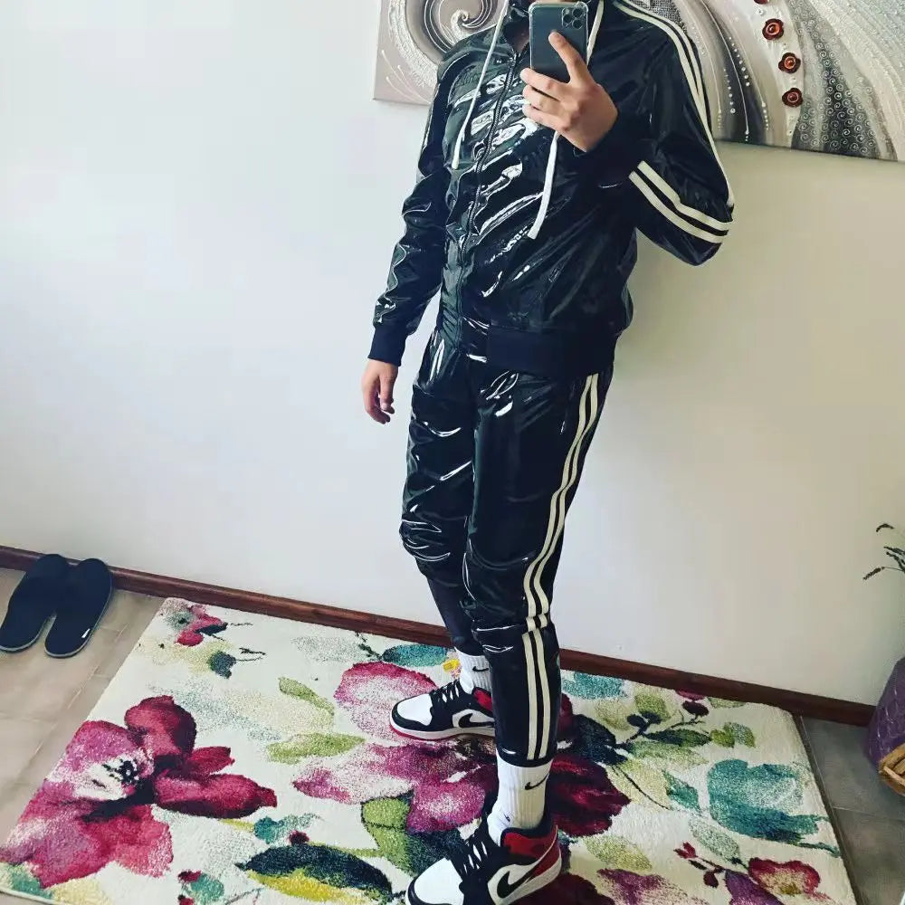 Men's and women's PU leather Hoodie suit leisure sportswear Hoodie jogging suit sportswear men's suit bright leather sportswear