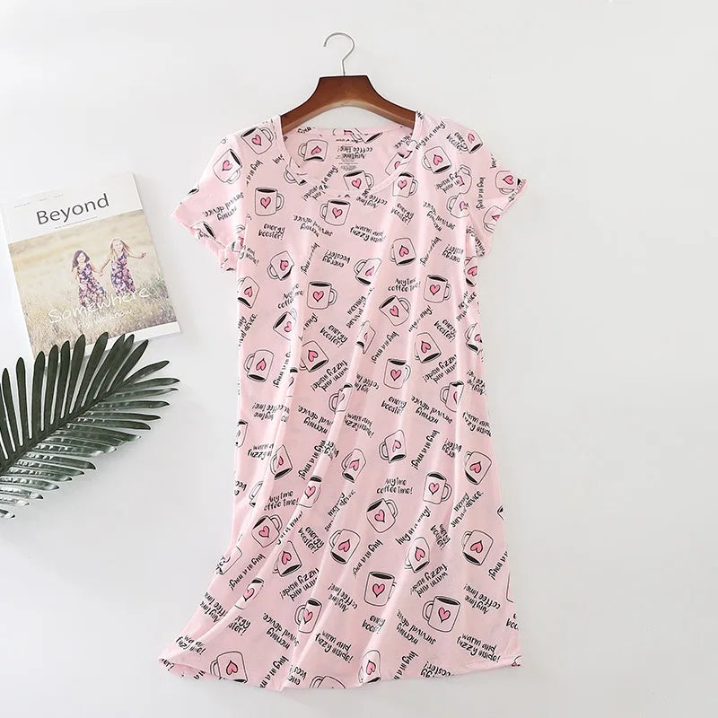 Summer Women Casual Cartoon Sleep Dress 100% Cotton Nightgown Plus Size Dresses Women Chemise de nuit Short Sleeve Home Dress