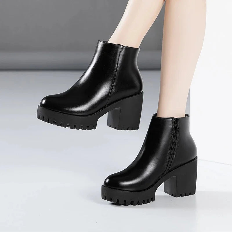BEYARNE Small Size 32 -43 Block Heel Platform Shoes Fall Winter  OL Elegant High Heels Ankle Boots Women Warm Plush Boot