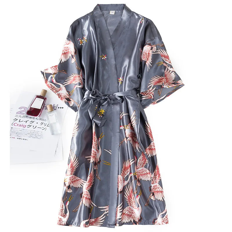 Burgundy Women 2PCS Faux Silk Kimono Robe Gown Sets Sexy Print Crane Nightdress &Bathrobe Lingerie Nightgown Summer Sleepwear